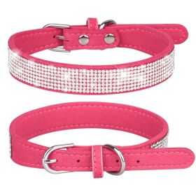 Pet Collar Shiny Artificial Rhinestone Dog Collar For Puppy And Cat; Microfiber Cat Collar (Color: rose red, size: S)