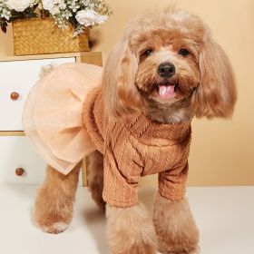 Small & Medium Dogs Solid Color Twist Knit Turtleneck Spliced Mesh Skirt; warm Dog Sweater For Winter (Color: orange, size: L)
